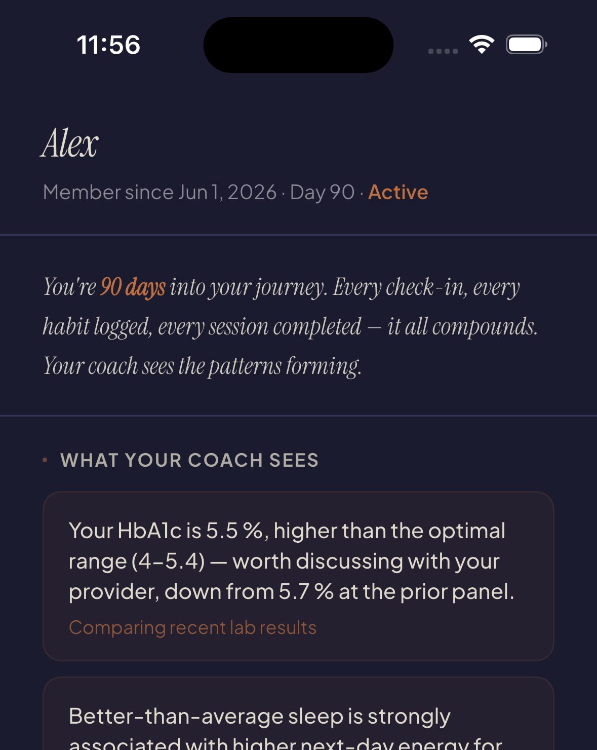Peak You coach insights — cross-domain patterns in plain language